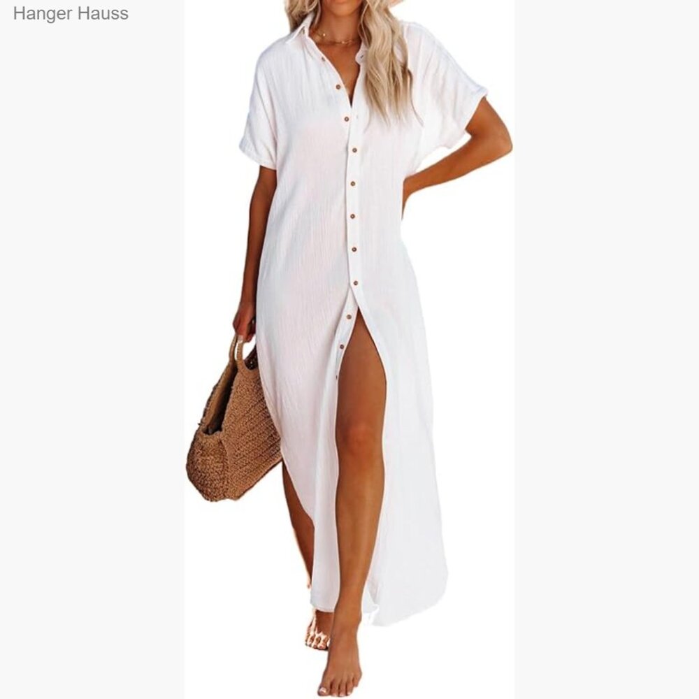 Lightweight Polyester Button Down Dress Cover Up Side Split Beach